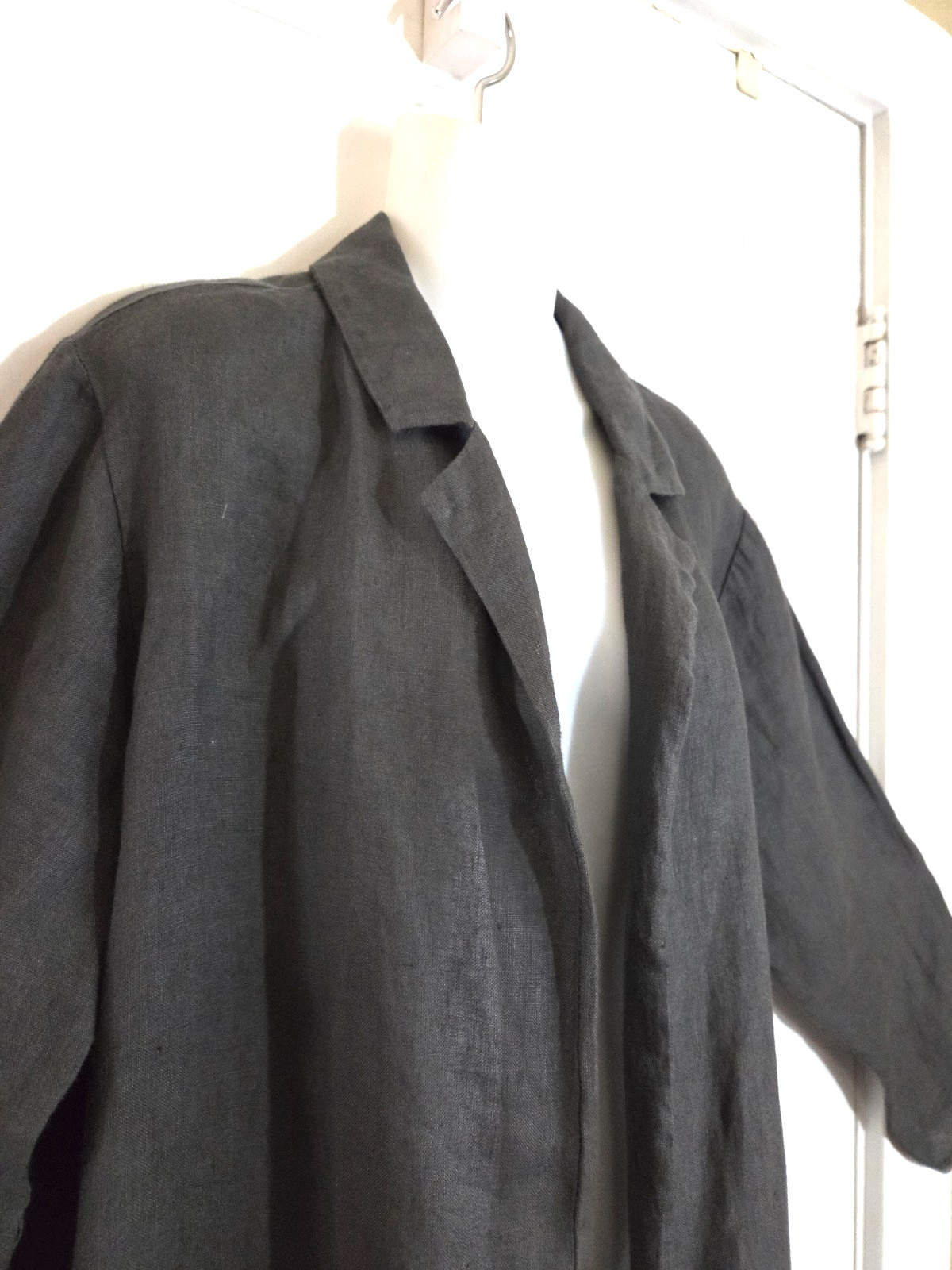 ANGELA MARA Long Open Front LINEN JACKET DUSTER, Size L, Dark Gray ITALY