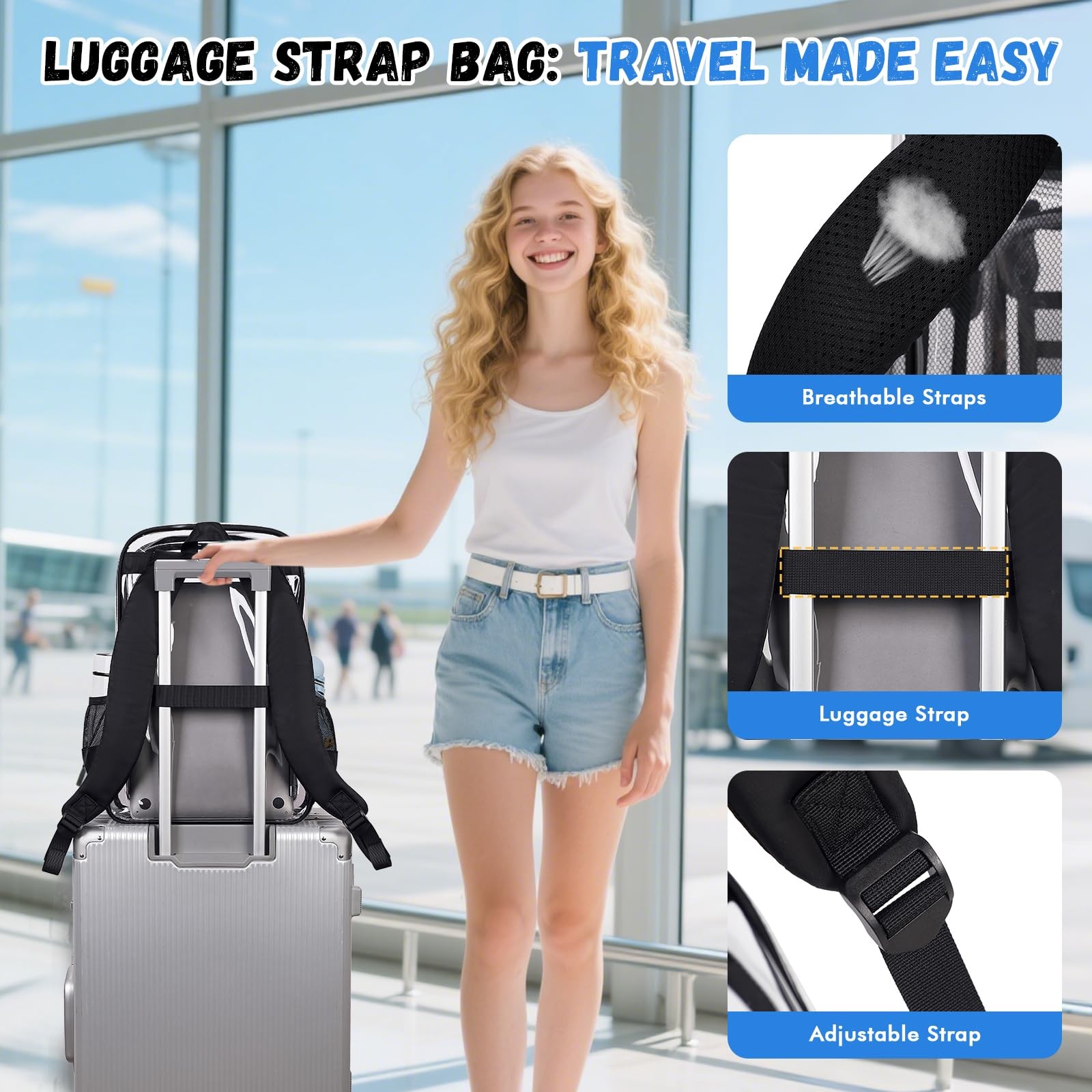 Black Large Clear Backpack Heavy Duty 11.8 x 5.9 x 17.1 Inch