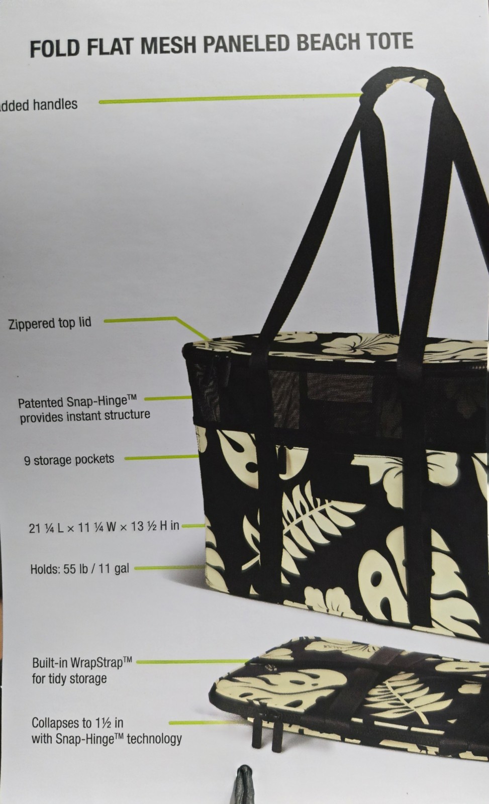 Aloha Collection CleverMade Floral Print Shoulder Tote Black White Zip Closure