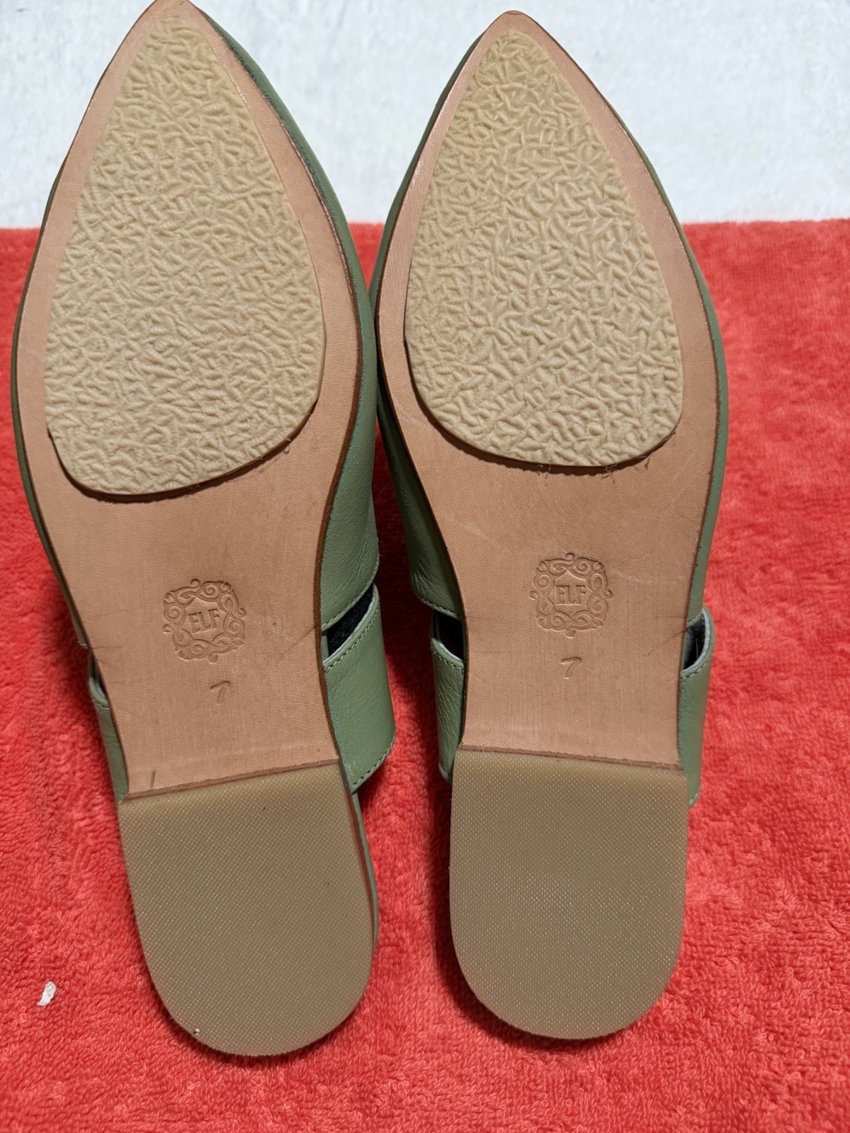 Elf Shoes Green Leather Mules Size 7 Women’s