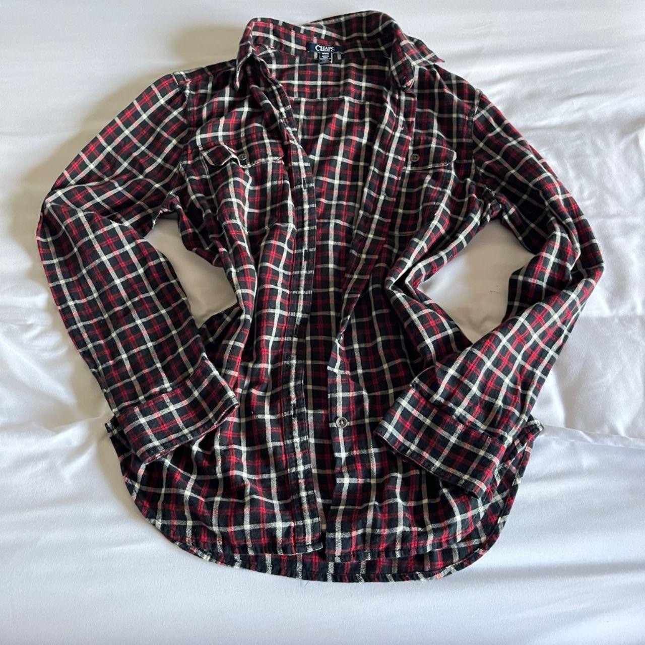 Chaps Black & Red Cotton Plaid Flannel Button Down Shirt Size M, Curved Hem