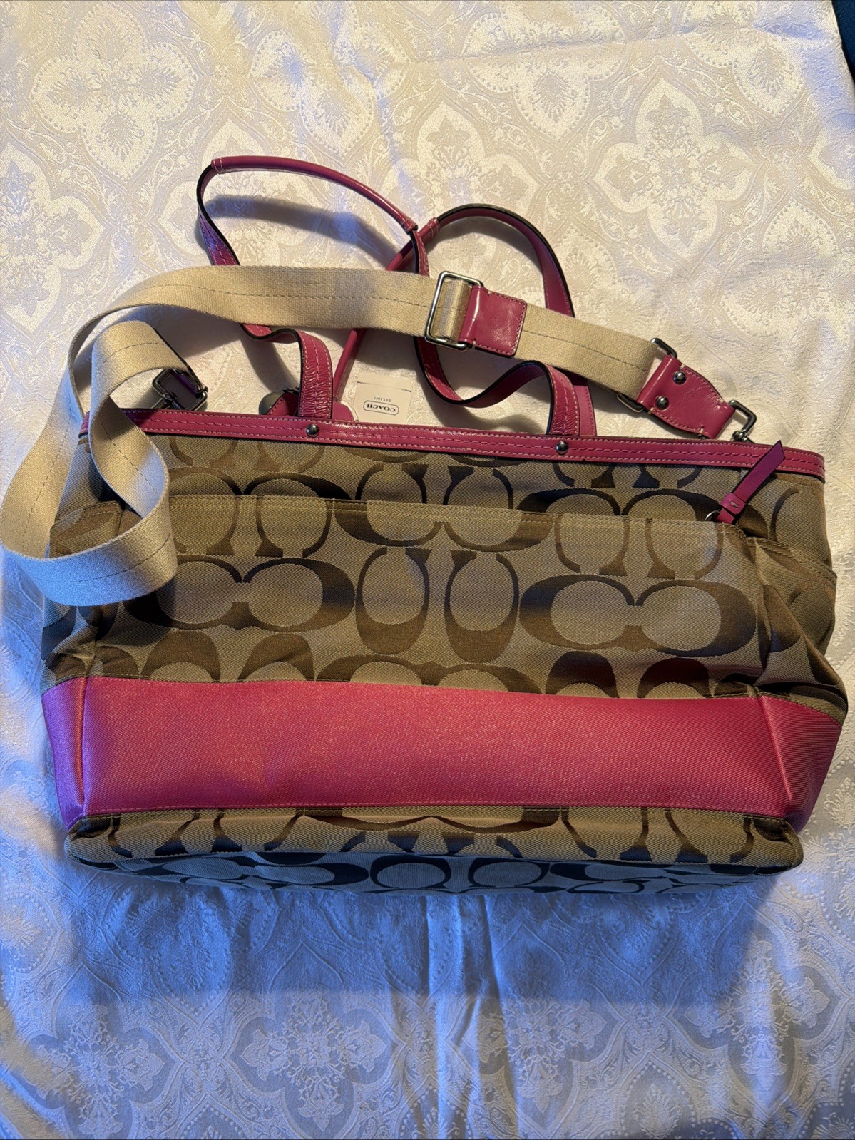NWT Coach Signature Stripe Diaper Bag Tote Pink Khaki F13803