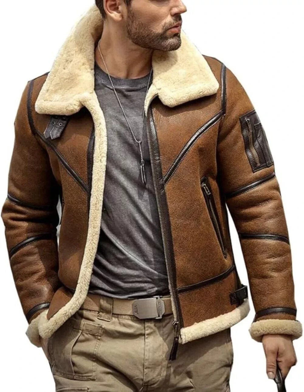 Men’s B3 Shearling Sheepskin Leather Aviator Jacket – Warm Winter Flight Bomber