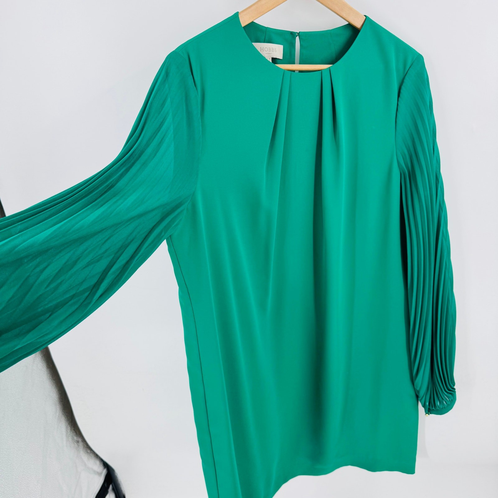 Hobbs Greta Green Popover Dress Pleated Sleeve Sheath Chic Minimalist Size 12