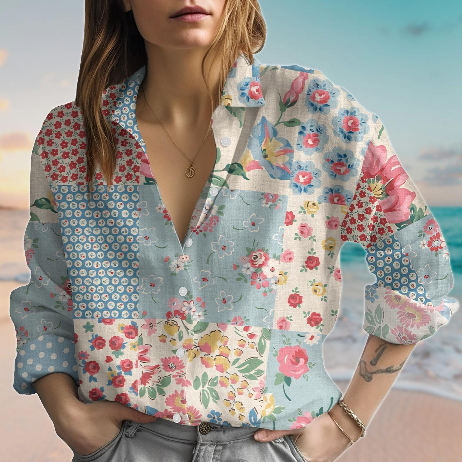 Vintage Floral Linen Look Shirt Wildflower Blouse Shirt