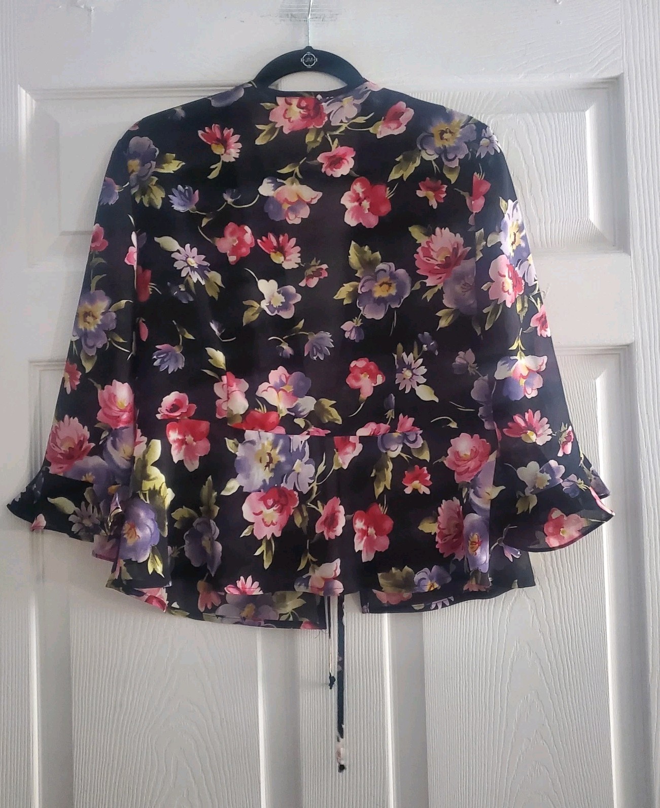 Miss Dorby 16 Petite Black Floral Blouse Semi Sheer Open Front With Tie Peum Hem