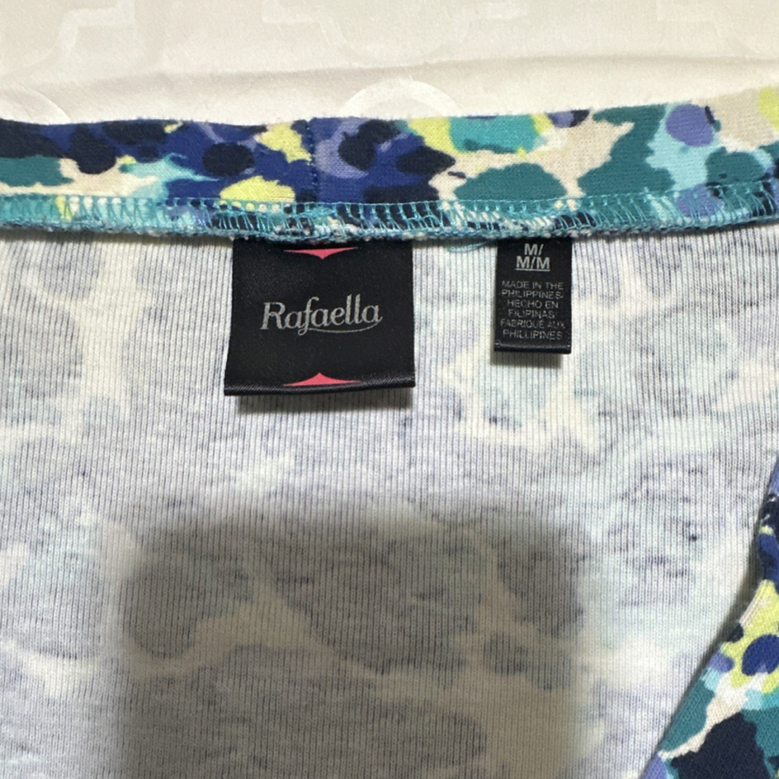 Rafaella Blue Floral Cotton Button-Up Blouse 3/4 Sleeve V-Neck Women Size M