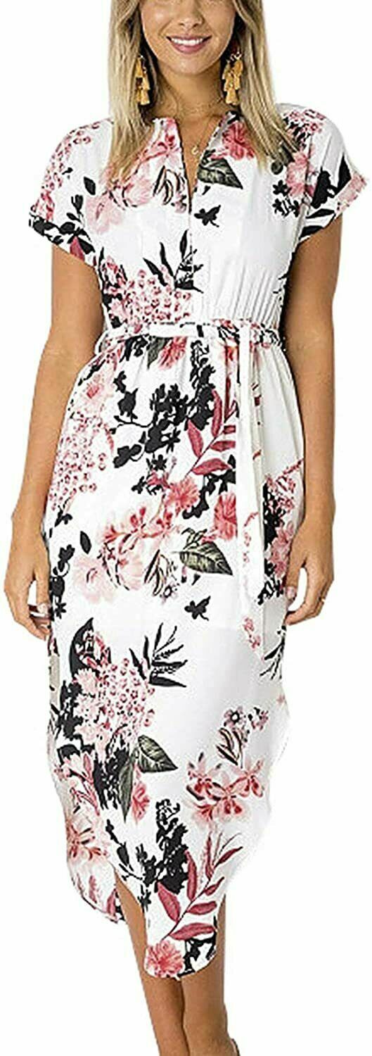 Women’s Casual Floral/Geometric Pattern Short Sleeve Spring-Summer Dress w/ Belt