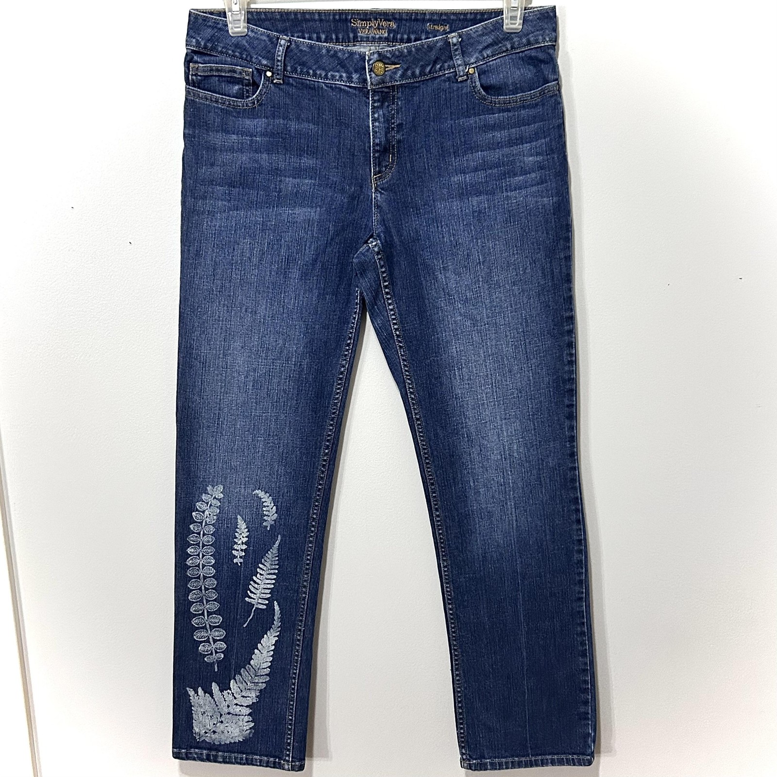 Simply Vera Vera Wang Botanical Fern Hand Painted Sz 10 Straight Leg Jeans 34×30