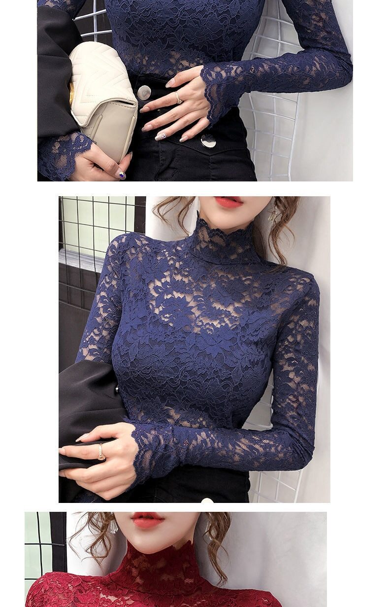 Half High Collar Lace Bottomed Blouse Mesh Hollow Out Long Sleeve Shirt Plush