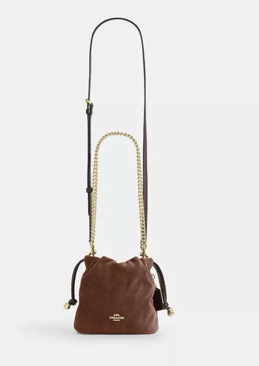 🤎 NWT COACH Faye Mini Drawstring Bag With Quilting Suede & Leather CDC42 Brown