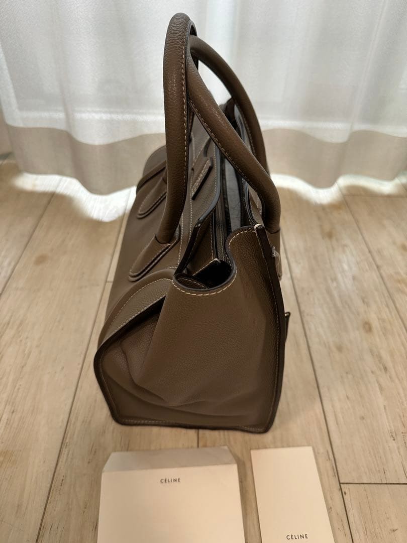 CELINE Nano Luggage Bag Greige Drummed Leather Top Handle Shoulder Tote Bag