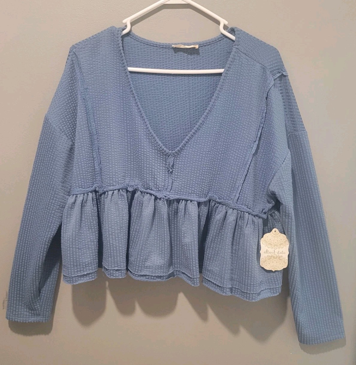 Nwt Altar’d State Blue Ruffle Shirt Top Sz M
