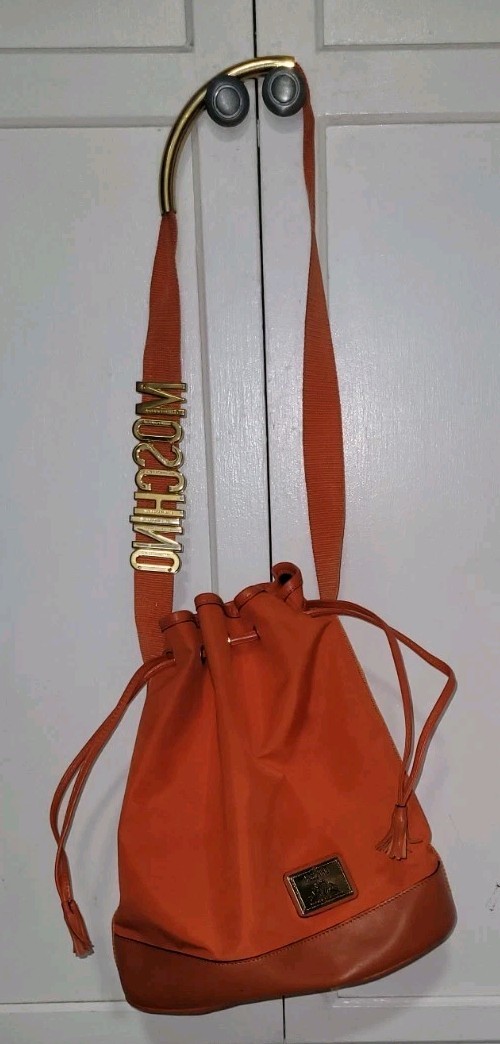 Moschino Redwall 1990s Orange Bucket, Gold Moschino Logo Strap, Leather Trim