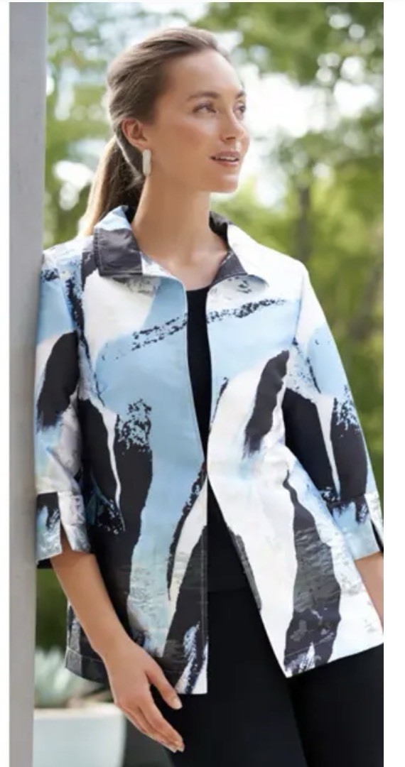 Ming Wang Blue Black Abstract Print Open Front Jacket Sz L