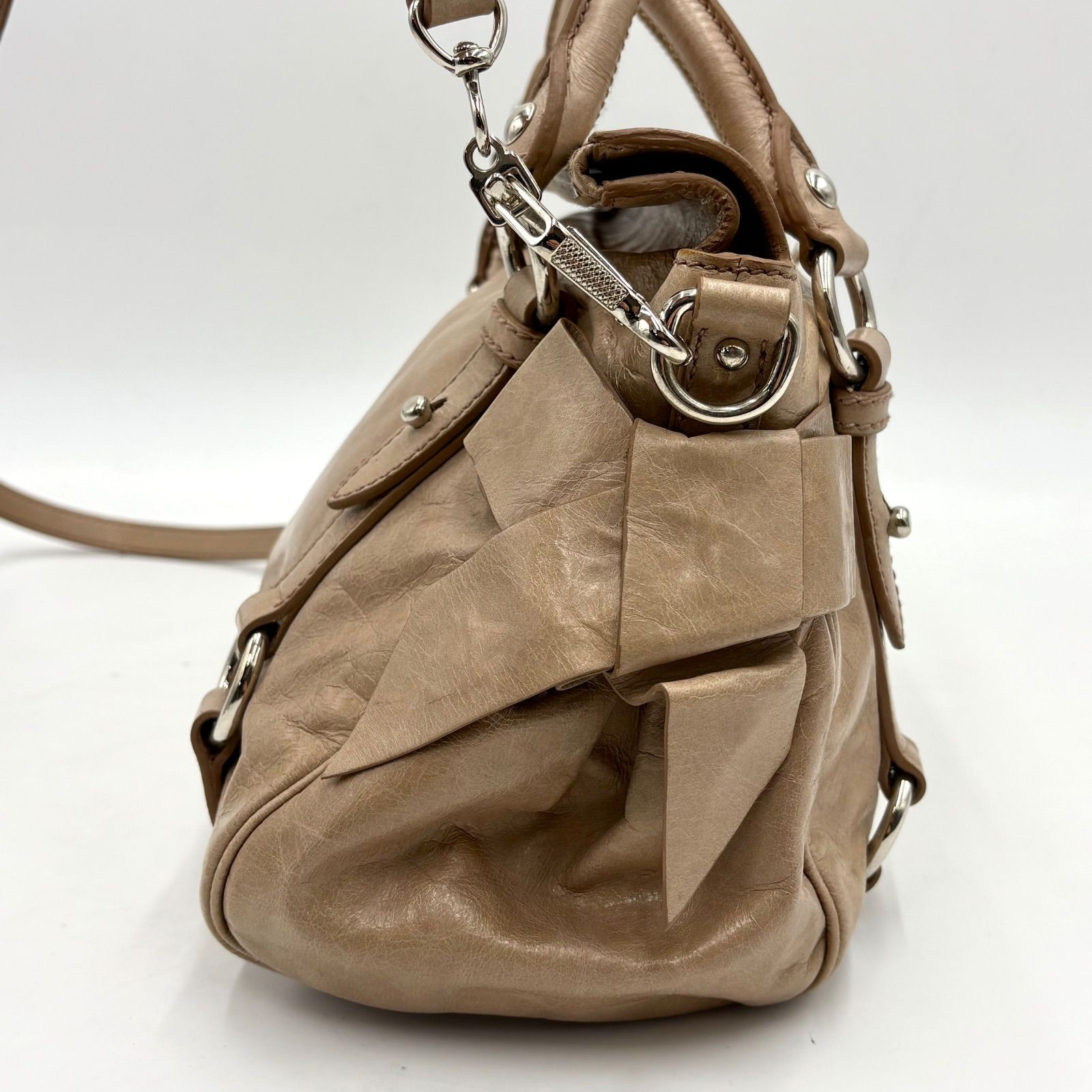 Miu Miu Vitello Shine 2Way Shoulder Bag Pink Beige Side Ribbon Y2K Handbag Auth