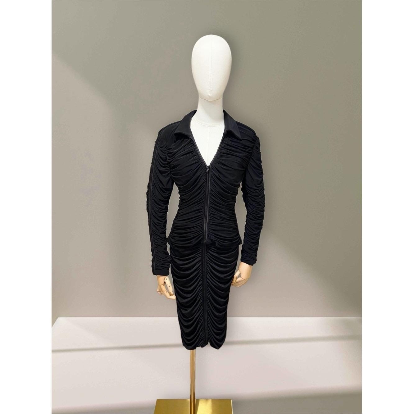Vintage Tadashi Two Piece Black Ruched Zip-Front Long Sleeve Dress