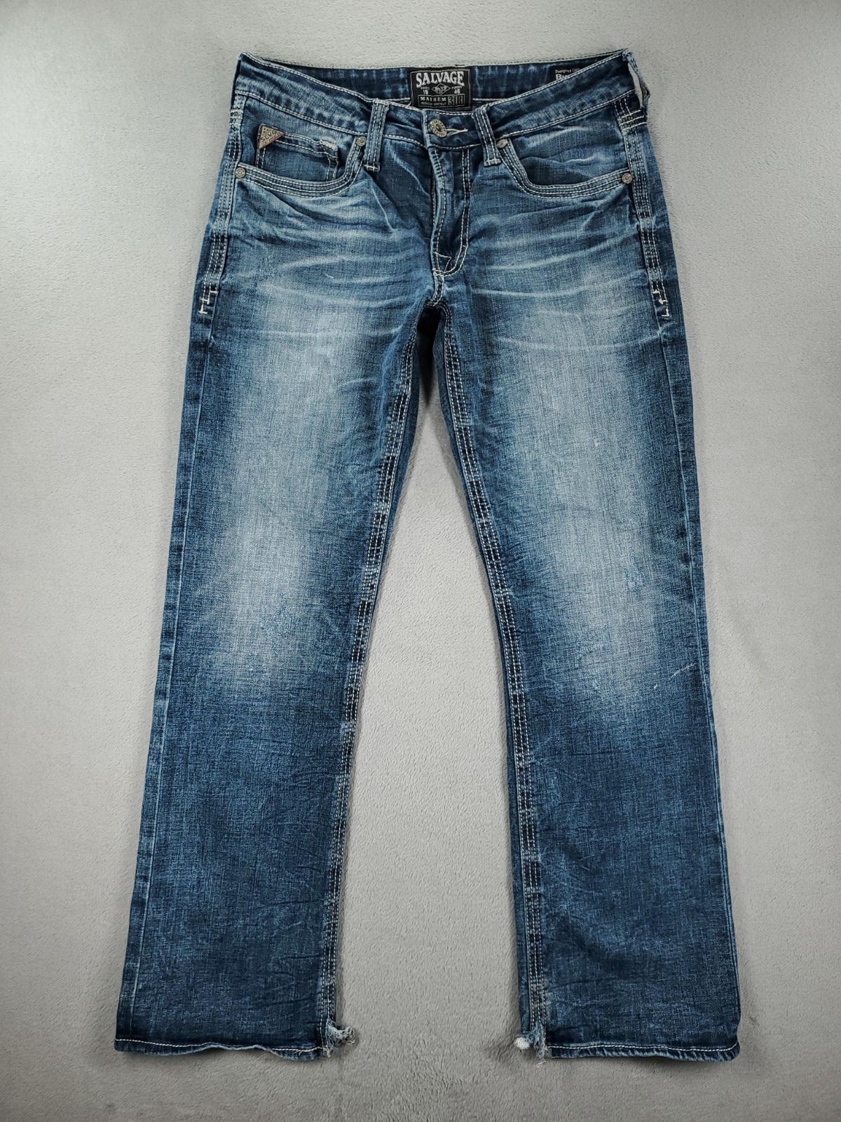 Salvage Jeans Mens 31×31 Mayhem Bootcut Buckle Low Rise Distressed Faded Denim