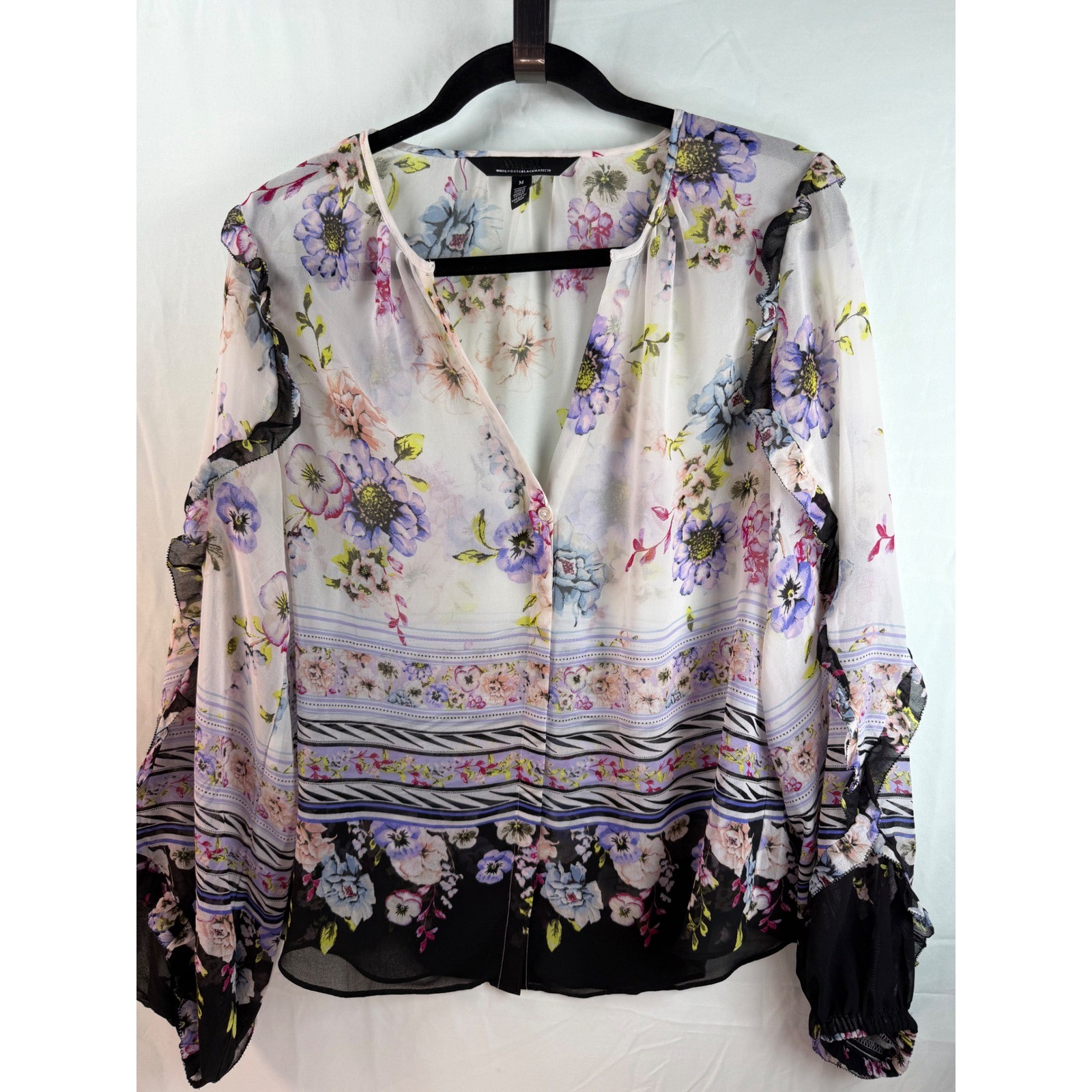 White House Black Market Floral Ruffle V-Neck Blouse White Black Purple Medium