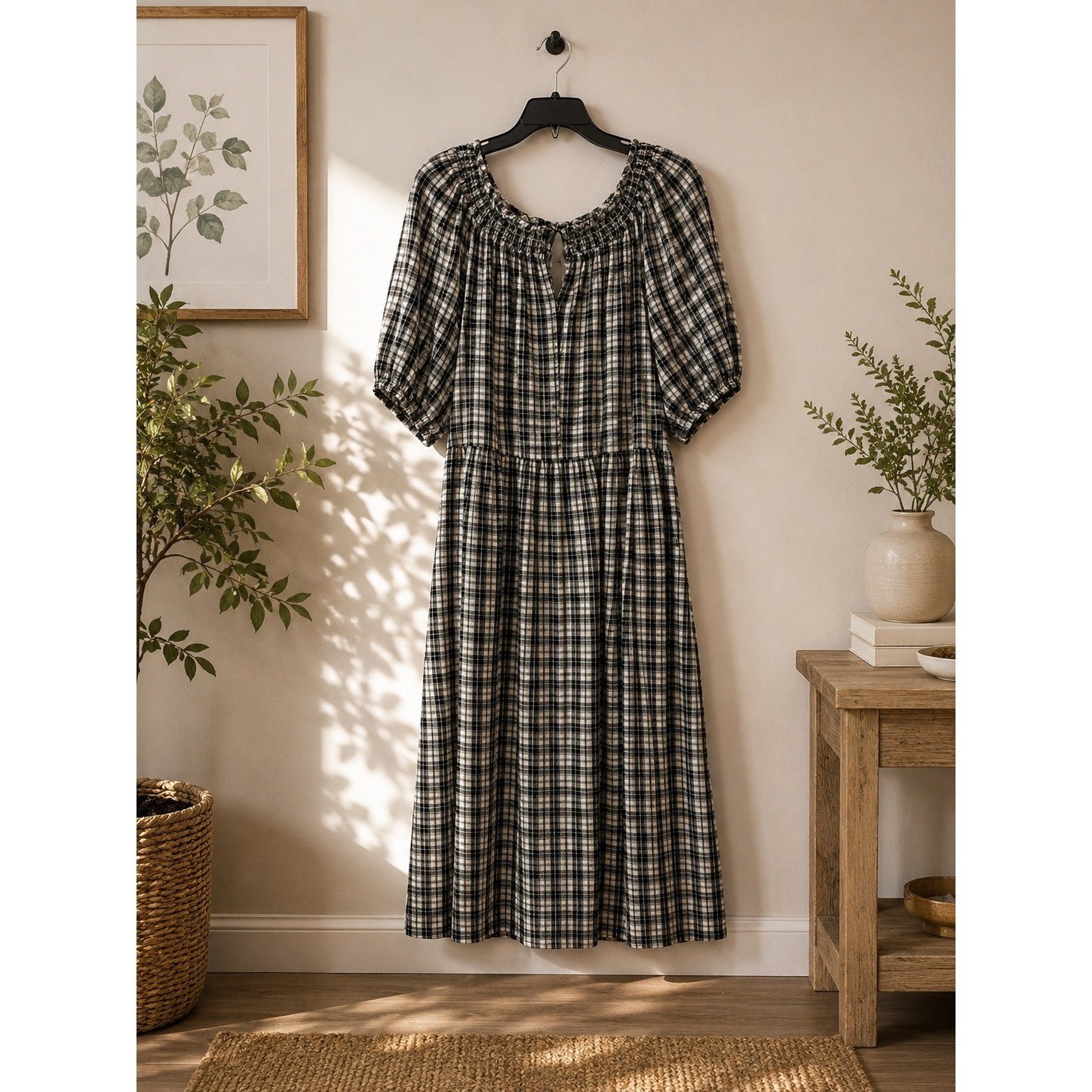 Old Navy Women’s Plaid Midi Dress Size L Black & White Puff Sleeve Side Pockets