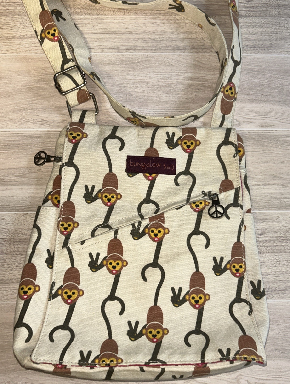 Bungalow 360 Monkey Canvas Cross Body Bag, 55” Strap, Polka Dot Lining, Peace