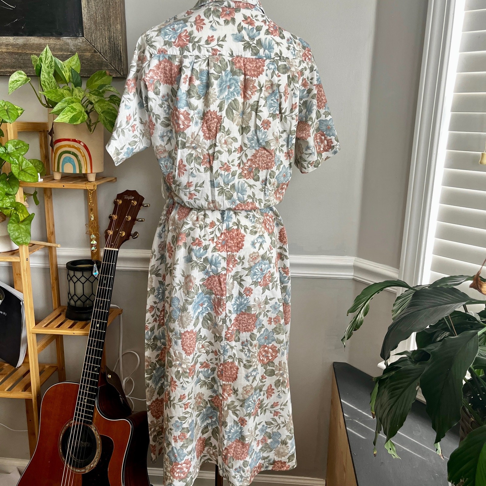 Vintage 90s Collared Dress Neutral Mauve Blue Floral Bohemian Size Medium