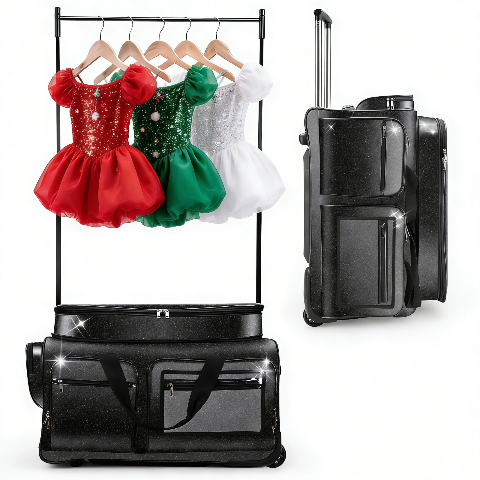 Dance Bag with Garment Rack 28″ Glitter Black Dance Costumes Rolling Bags