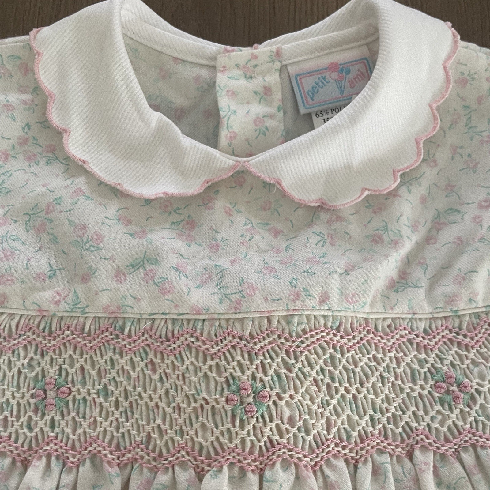 VTG)Petit Ami White Floral Pink Smocking Dress Baby Girl’s Size 18M