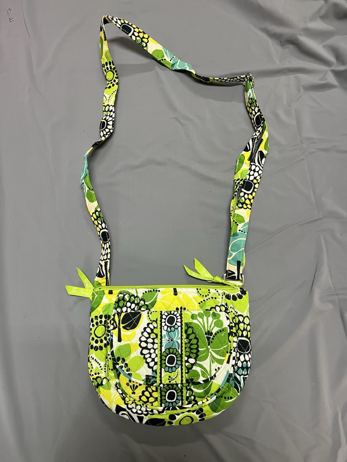 Quilted Green Blue Floral Small Crescent Crossbody Bag Zip Lined Pockets Charm