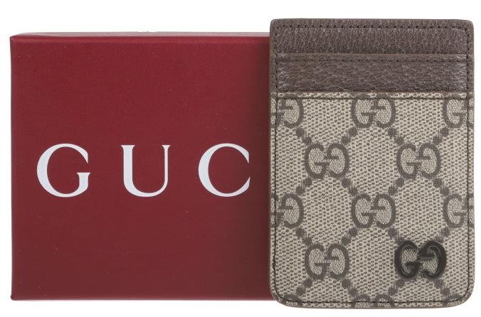 NEW GUCCI BEIGE EBONY GG SUPREME CANVAS MAGNETIC CARD CASE WALLET W/BOX