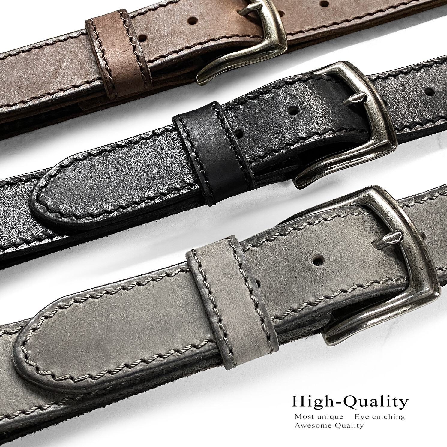 Antique Buckle One Piece Genuine Full Leather Casual Jean Belt 1-1/2″(38mm) Wide