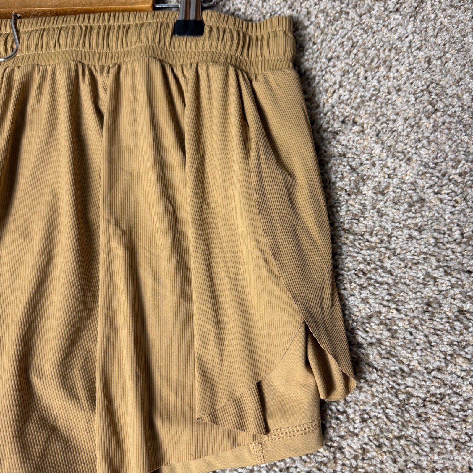 Active Tan Ribbed 2-in-1 Running Shorts Women Athletic Workout Gym Drawstring