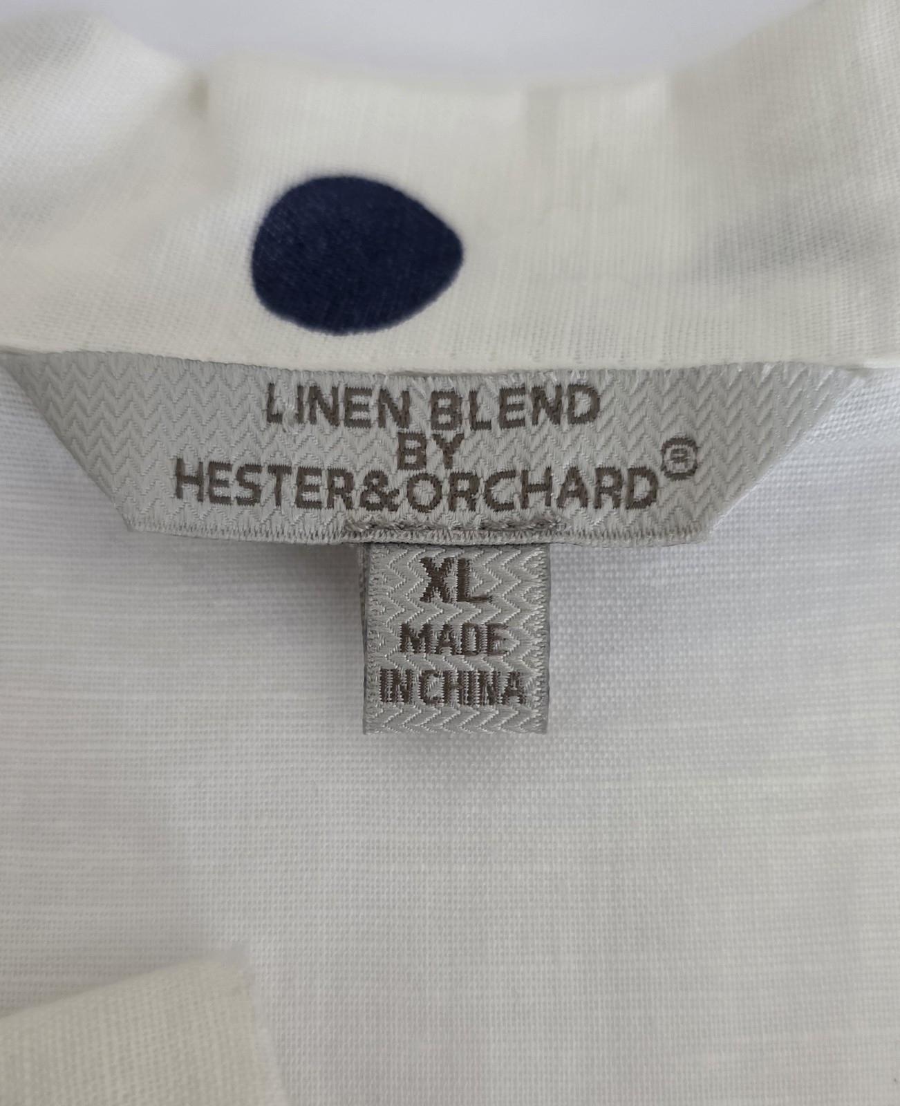 Hester & Orchard Linen Blend XL Blouse White Navy Polka Dots Long Sleeves Summer