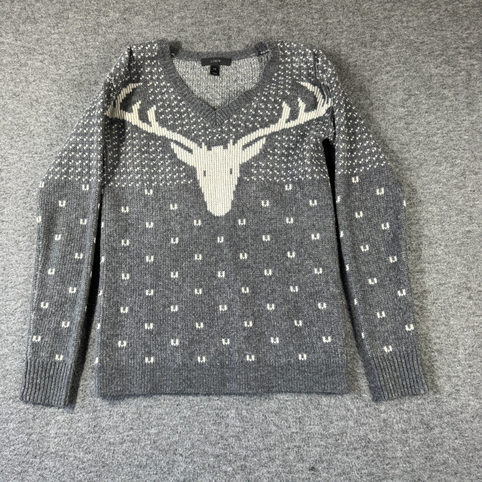 J.Crew 100% Wool Reindeer Sweater Womens 2XS XXS Gray Long Sleeve
