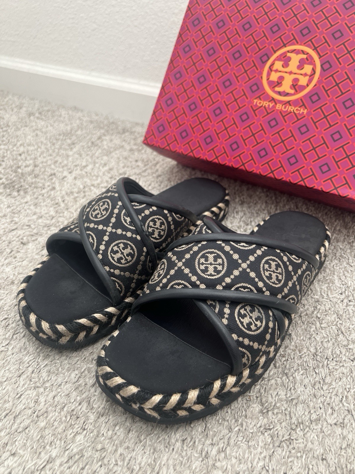 Tory Burch T Monogram Cross Espadrille Slide Sandal Navy Blue Sz10