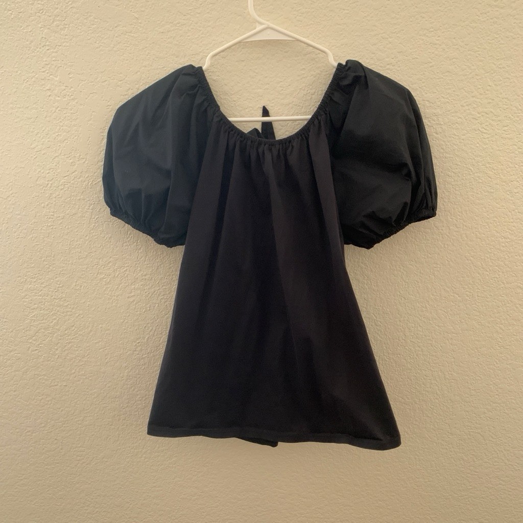 Black Puff Sleeve Top Open Cutout Bow Tie Back Milkmaid Blouse Women’s Size S