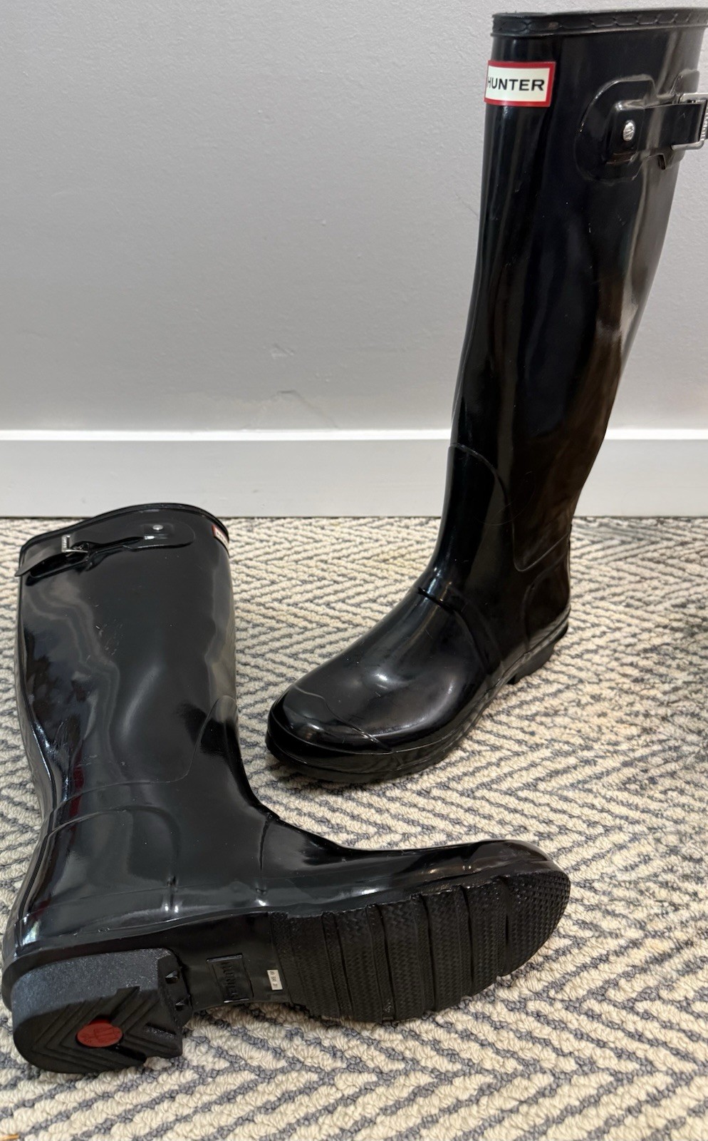 Hunter Womens 11 Boots Original Tall Back Rubber Wellies Shoes – Gloss Black New
