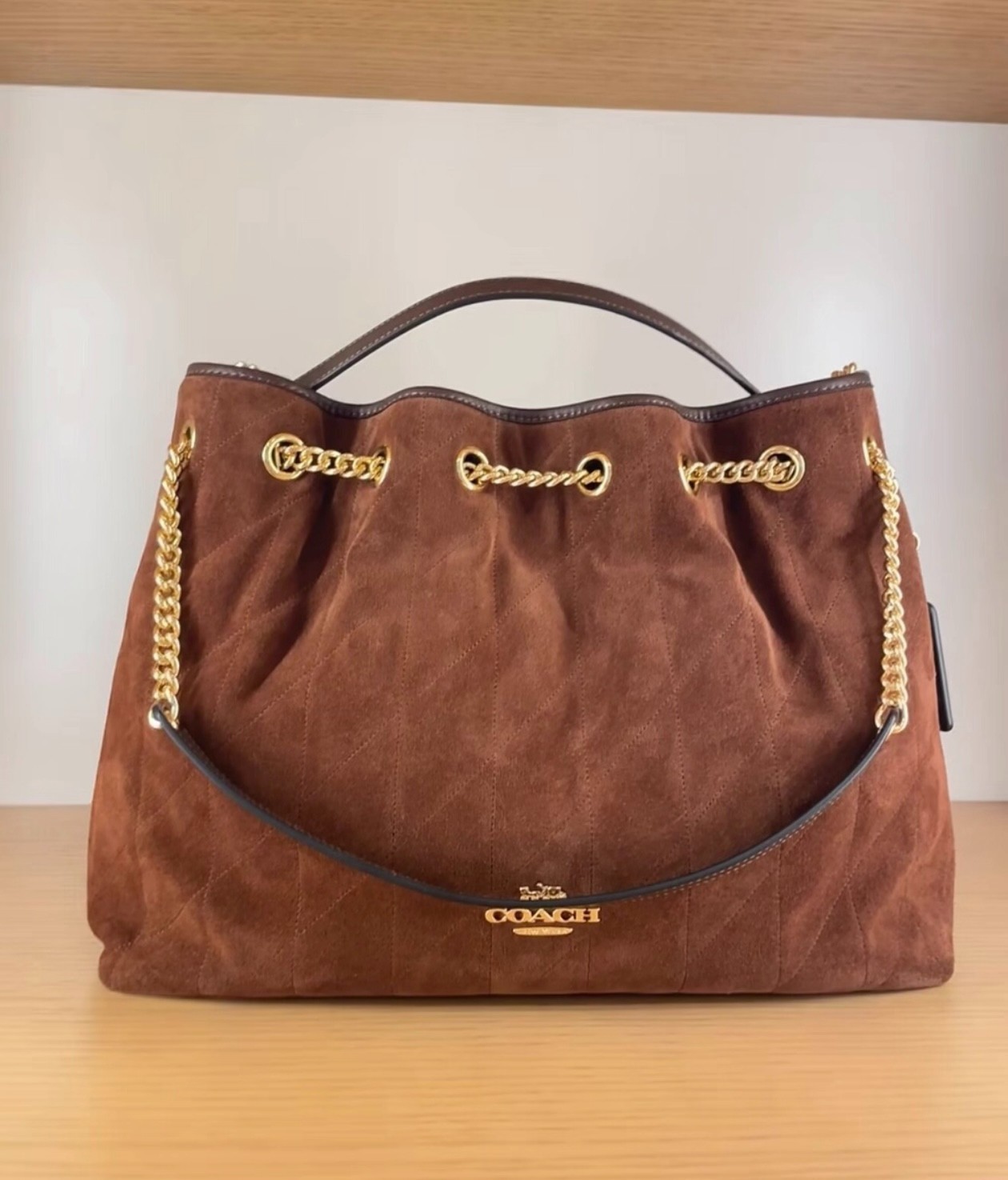 COACH CCZ80 Evelyn Shoulder Bag with Quilting Suede Gold/Vintage Brown/Maple NWT