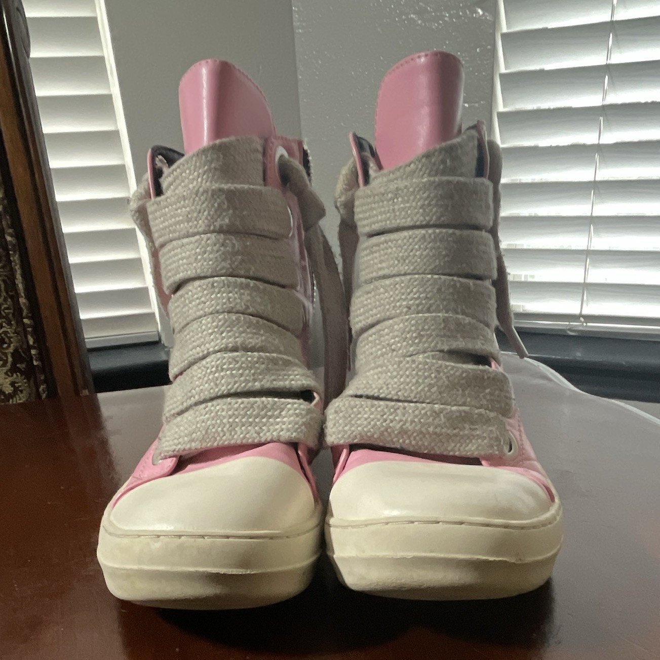 Rick Owens Men’s Pink/White/Gray High Top Lace-Up Athletic Sneakers, Solid