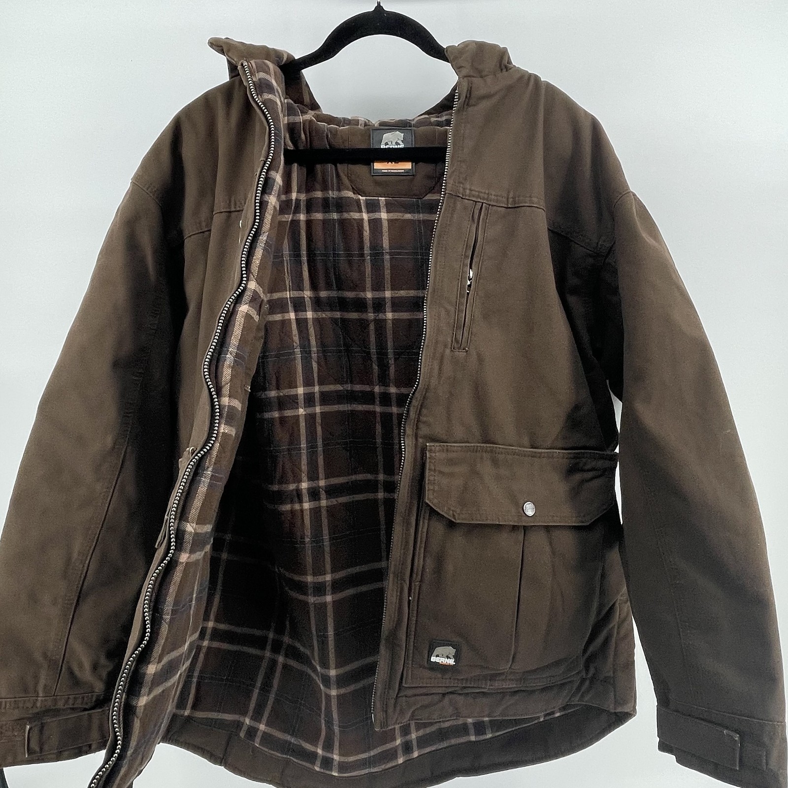 Berne Mens XL Brown Canvas Hooded Parka Flannel Lined Insulated Workwear Pockets