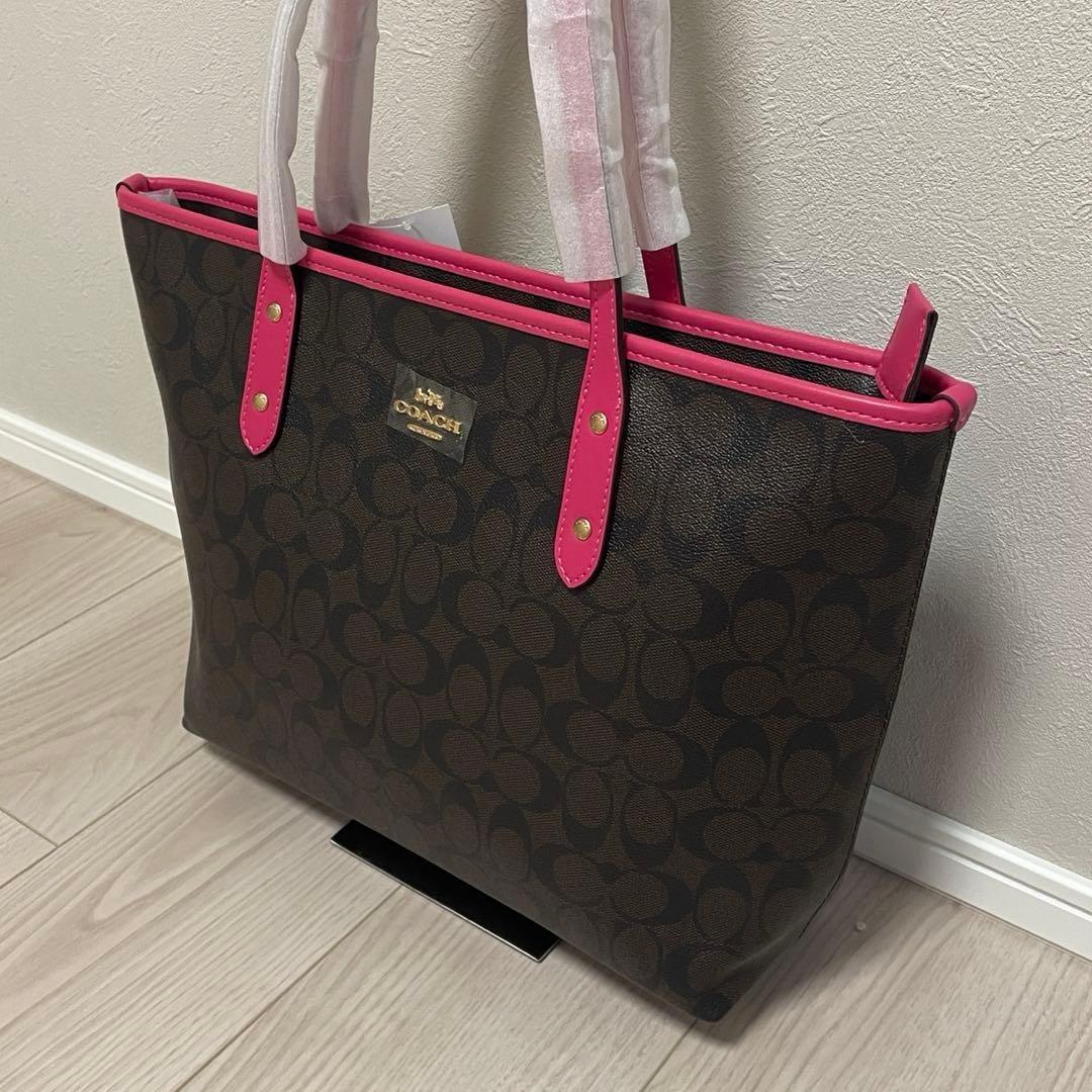 Coach Signature Tote Bag Pink Leather 29x46cm/11.4×18.1in Used