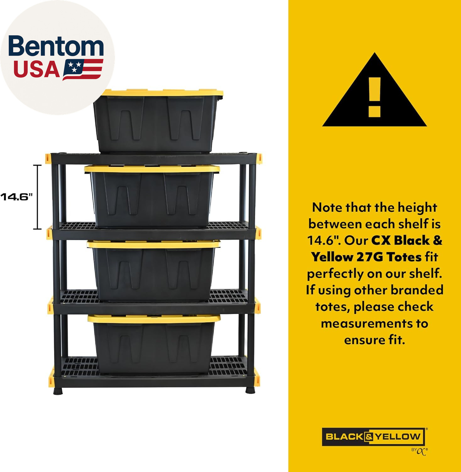Black & Yellow, 4-Tier Heavy Duty Plastic Storage Shelves That Support up to 200