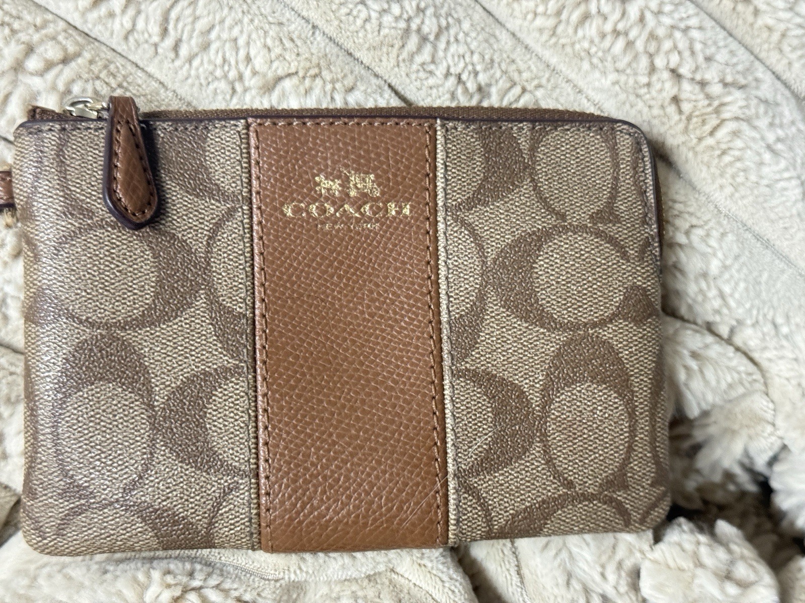 Coach Signature Stripe Zip Wristlet Pouch Beige Brown Gold Hardware