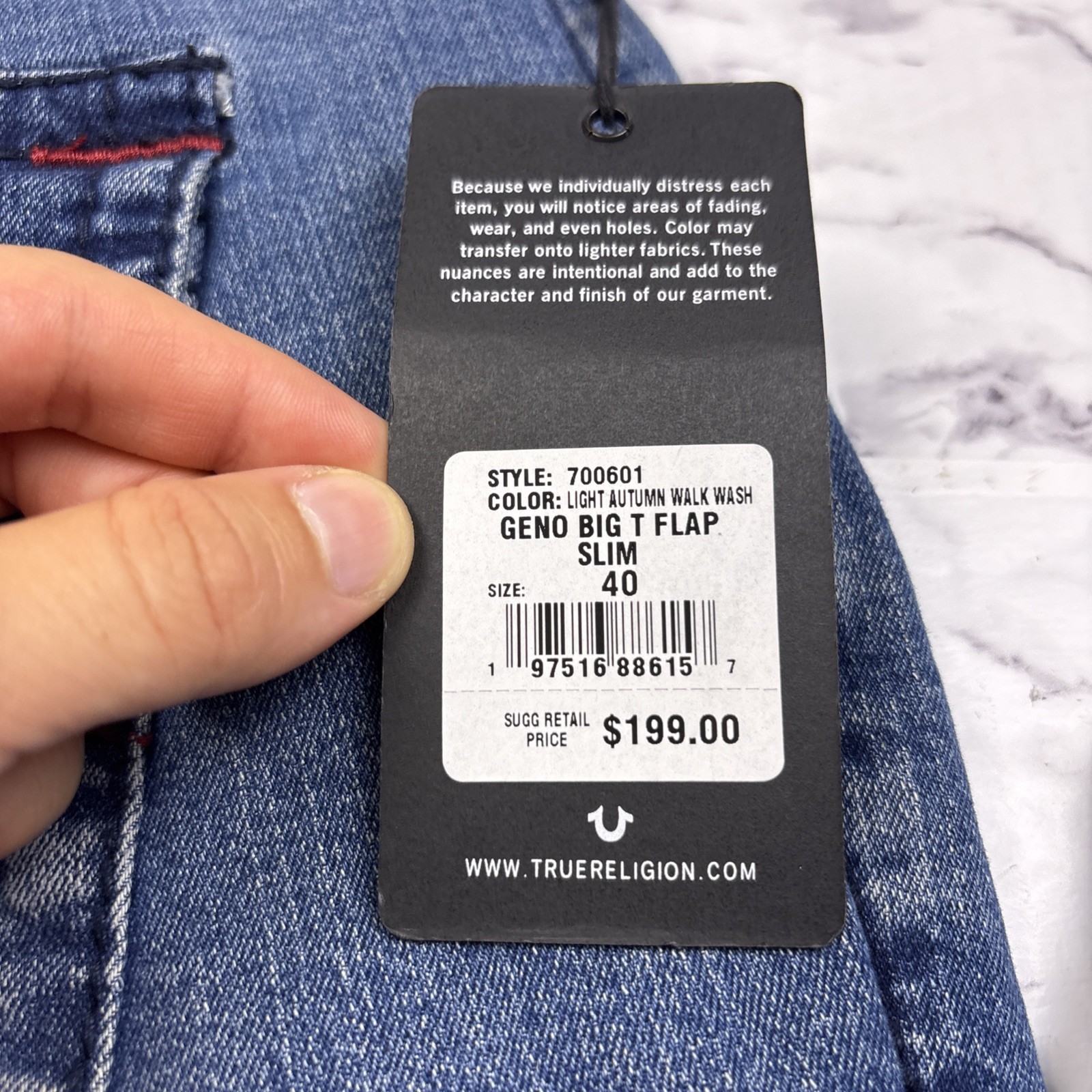 NEW True Religion Jeans GENO Big T Flap Red Trim Relaxed Slim 40×32 Blue Wash