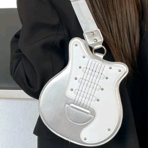 Music Lovers Trendy Guitar C/ B Bag, Fun For All Ages Silver & White Faux Leathe
