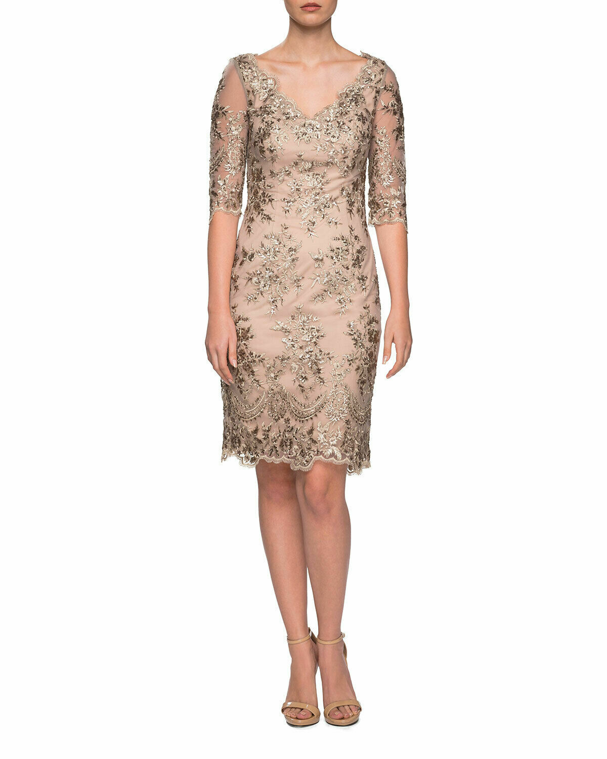 NEW $378 La Femme [ 8 ] Embroidered Sheath Cocktail Dress in Champagne #S179
