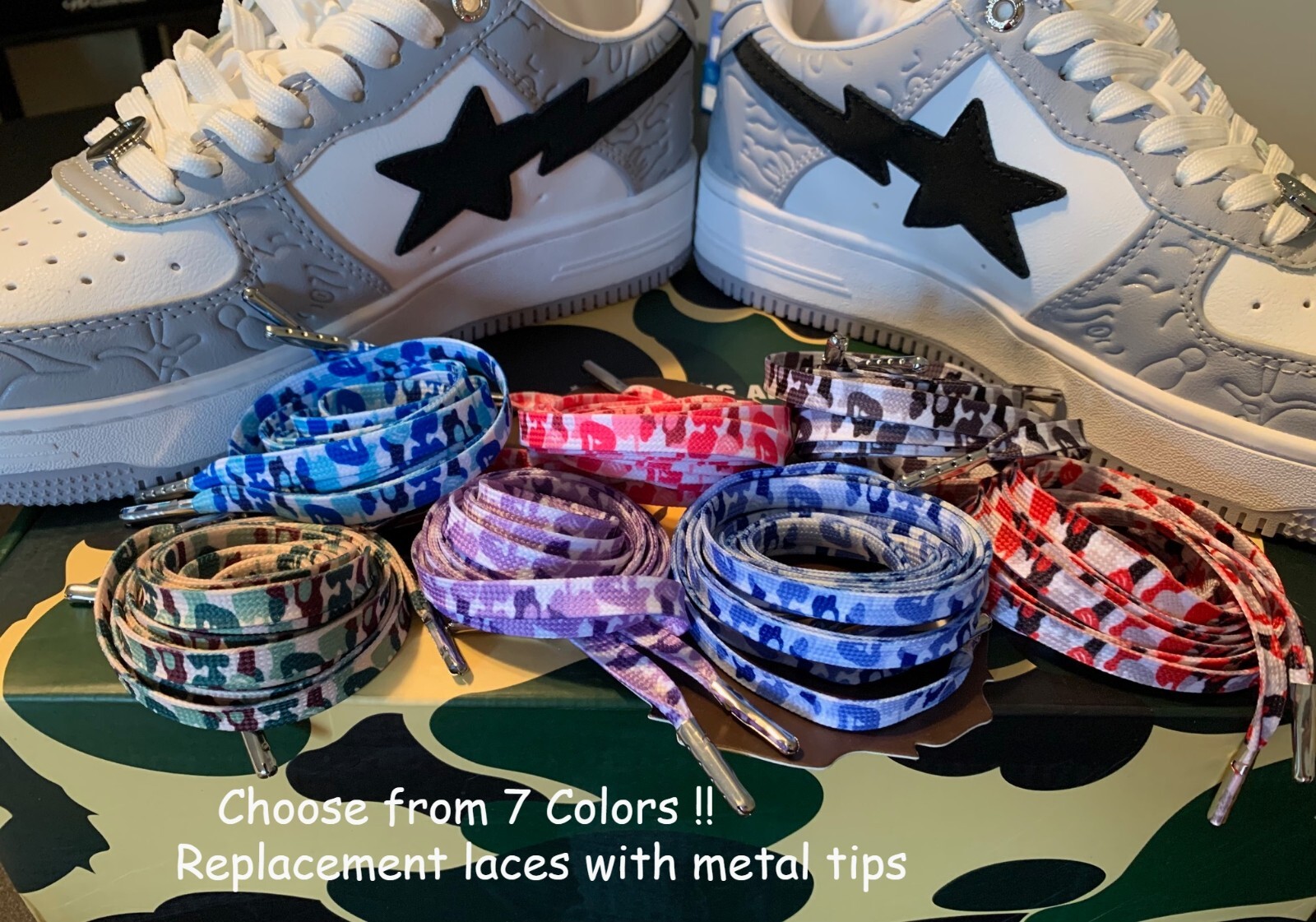 120cm Camo shoelaces replacement laces for Bape – Ape Head design CHOOSE COLOR!!