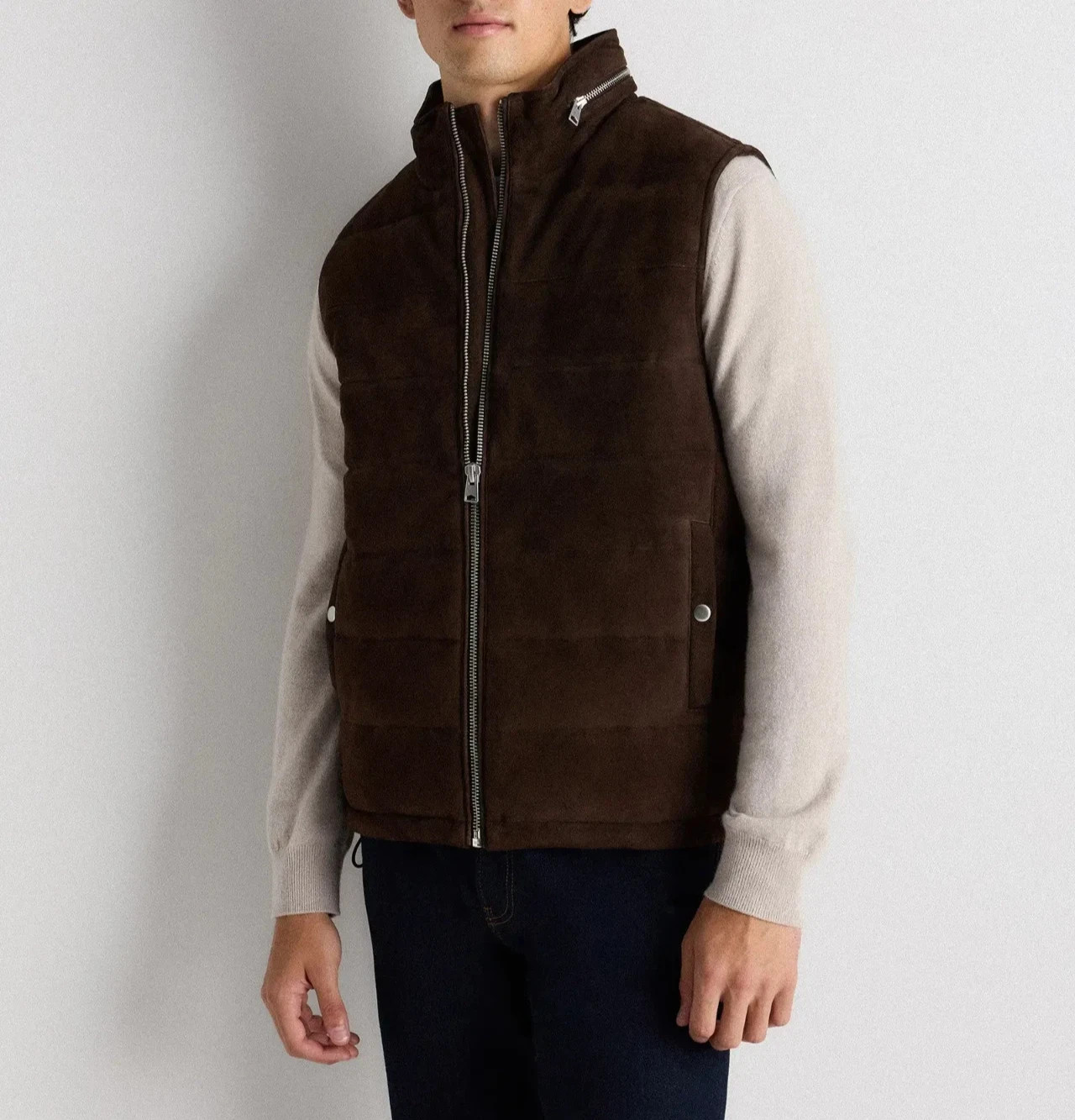 Dark Brown Suede Leather Quilted Puffer Vest for Men Size XS S M L XL XXL 3XL