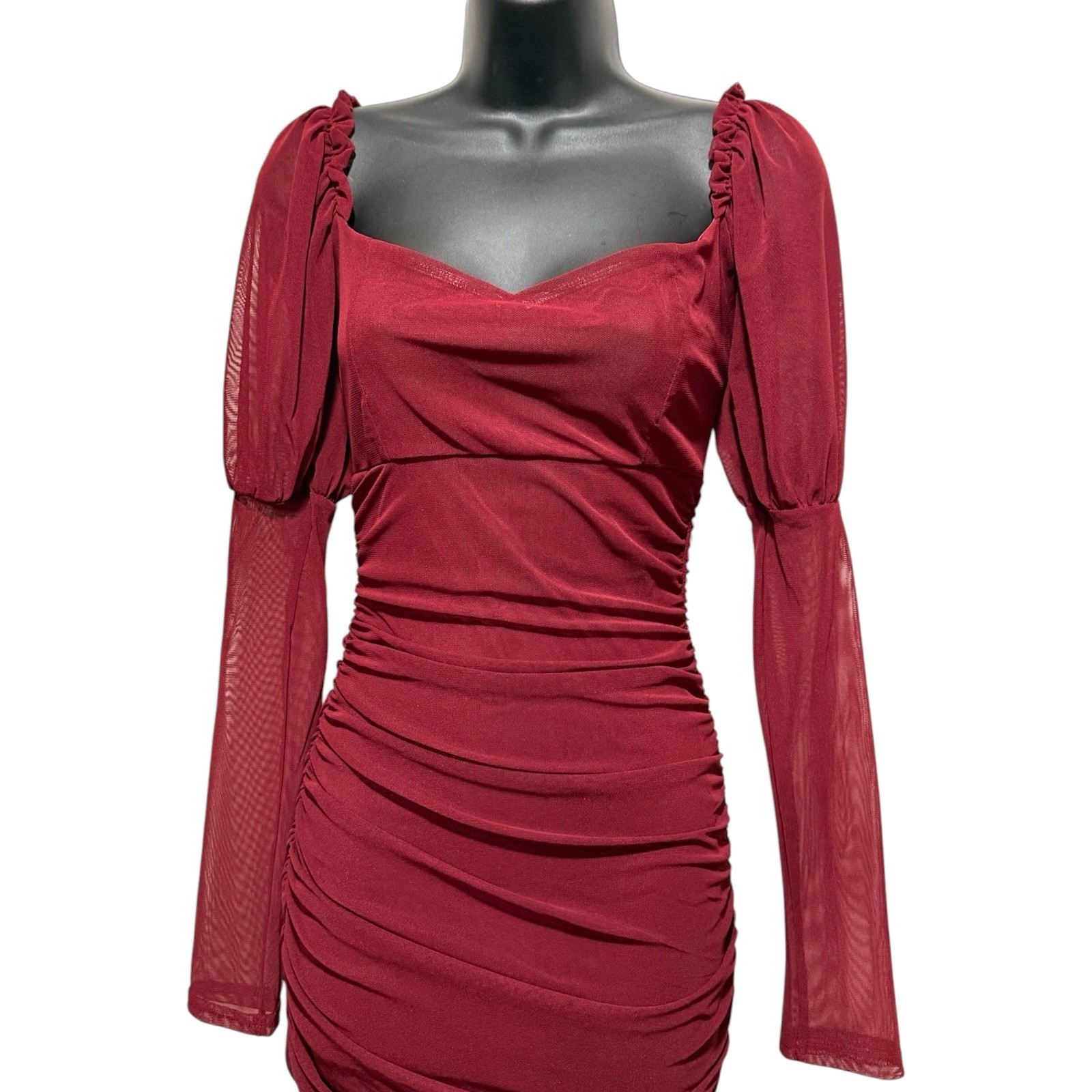 Boohoo sz 4 Edwardian Babydoll Ruched Mesh Burgundy Red Juliet Sleeve Maxi Dress