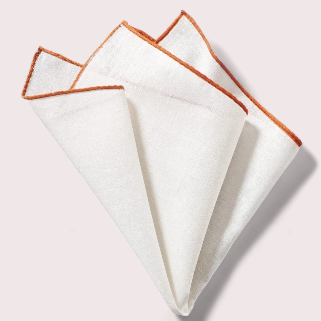 Mens White 100 Linen Pocket Square Burnt Orange Border Hanky Handkerchief 13×13″